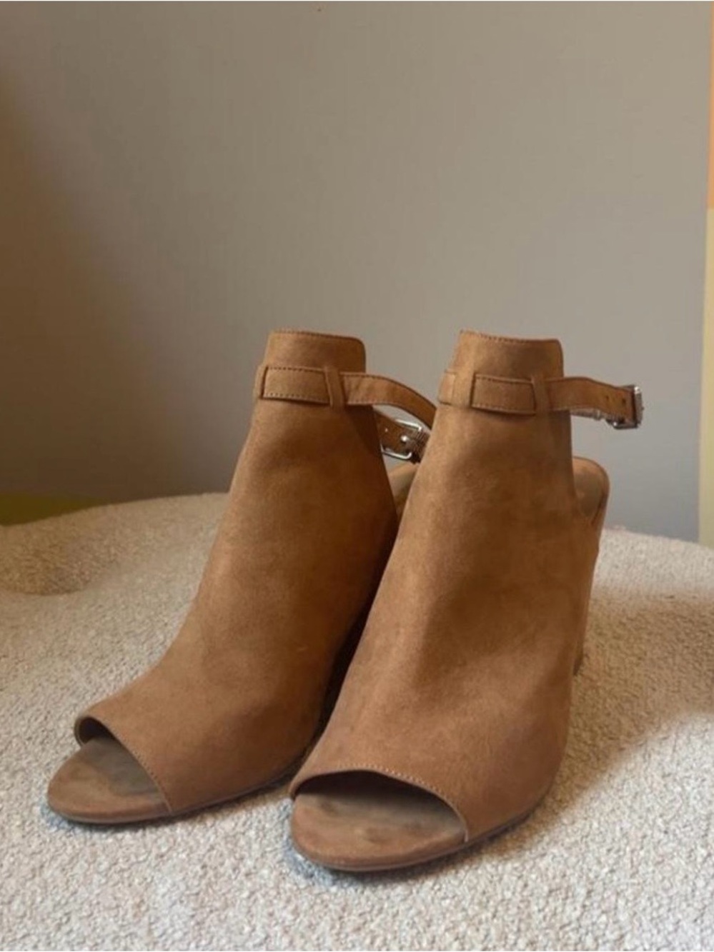 Women's Tan Suede Peep-Toe Ankle Boots